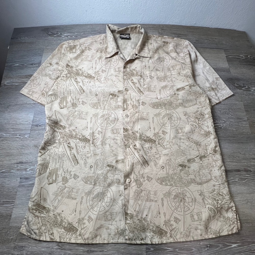 South Pole Shirt Mens XXL Tan Military Blueprint Tank Plane All Over Print Y2K
